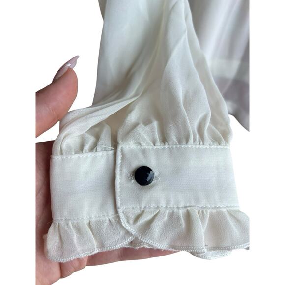 Vintage Semi Sheer Ivory Blouse Neck Tie Ruffles Tuxedo Front  Size 2X - Picture 4 of 7